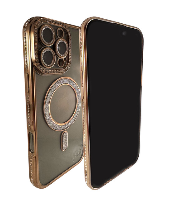 HEM HEM Hoesje Geschikt voor iPhone 14 Pro Max Hoesje - Geschikt voor MagSafe - Shockproof Backcover - Goud Glitter Transparant hoesje