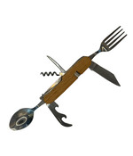 7-in-1 Camping Bestekmes – Multitool met Vork, Lepel, Mes, Kurkentrekker & Flesopener – Houten Handvat – Compact Outdoor Bestek voor Kamperen, Reizen & Hiking” Zakmes met bestek