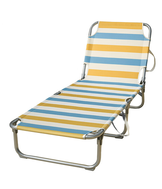 HEM HEM Strandligbed Opvouwbaar – Lichtgewicht Aluminium Ligstoel – Strandbed met Verstelbare Rugleuning 3 standen – Outdoor Ligbed met Streeppatroon – Geel/Blauw/Wit