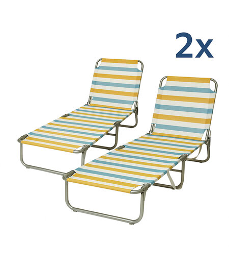 HEM 2x Strandligbed Opvouwbaar – Lichtgewicht Aluminium Ligstoel – Strandbed met Verstelbare Rugleuning 3 standen – Outdoor Ligbed met Streeppatroon – Geel/Blauw/Wit