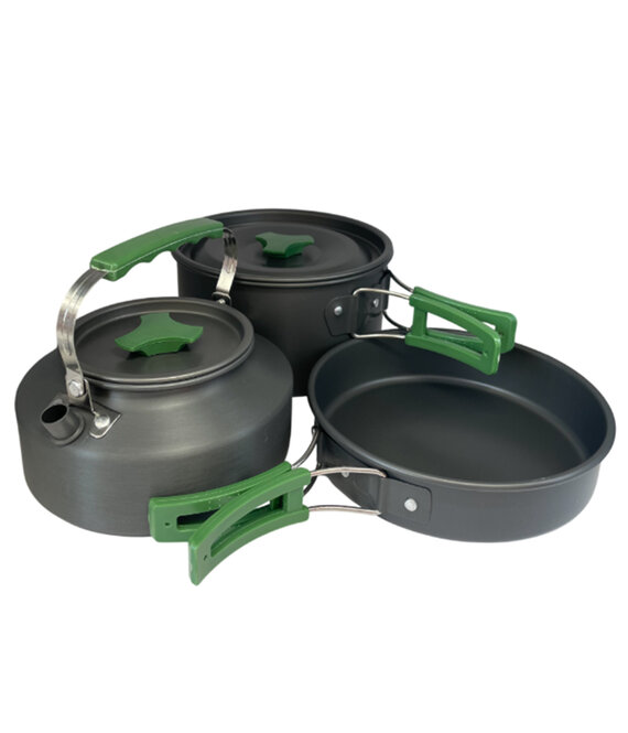 HEM HEM Camping Pannenset 3-delig – Lichtgewicht Aluminium – Inclusief Waterkoker, Koekenpan & Kookpan met Deksel – Opvouwbare Handgrepen – Outdoor Kookset met Opbergzak – Ideaal voor Kamperen & Hiken