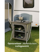 Campingkeuken - opvouwbare campingkast - reiskeuken met hittebestendig werkblad en windscherm - buitenkeuken voor voortent, caravan of autocamping - met opbergvakken en draagtas - grijs