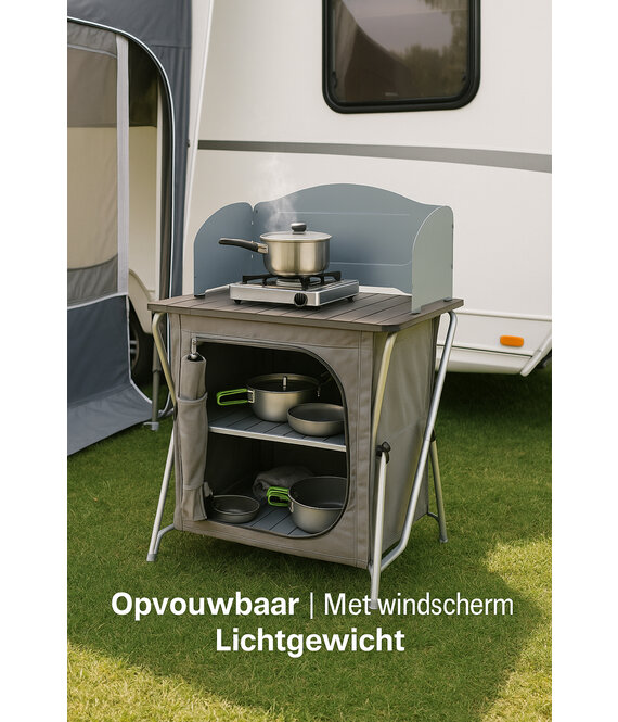 HEM HEM Campingkeuken - opvouwbare campingkast - reiskeuken met hittebestendig werkblad en windscherm - buitenkeuken voor voortent, caravan of autocamping - met opbergvakken en draagtas - grijs