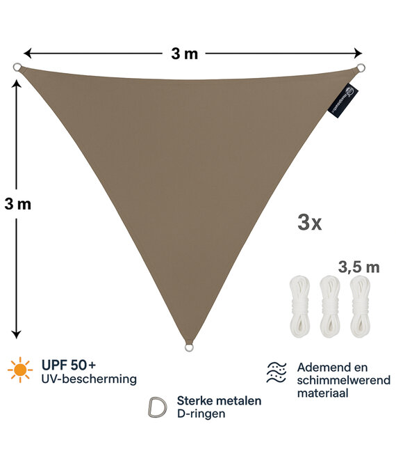 CUHOC CUHOC Schaduwdoek Driehoek 3x3x3 Meter – Taupe – UV-Beschermend Zonnescherm voor Tuin, Terras of Balkon – Waterdoorlatend – Inclusief Bevestigingstouw – Ademend & Weerbestendig