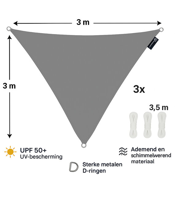 CUHOC CUHOC Schaduwdoek Driehoek 3x3x3 Meter – Grijs – UV-Beschermend Zonnescherm voor Tuin, Terras of Balkon – Waterdoorlatend – Inclusief Bevestigingstouw – Ademend & Weerbestendig
