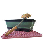 Complete Afwas Set – Opvouwbare Afwasbak/ Dienblad 8L + Bamboe Afwasborstel + Roze Siliconen Afdruipmat – Keukenafwasset , afwassetCamping