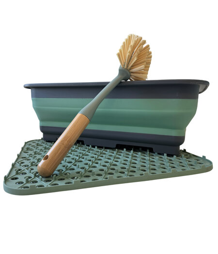 HEM HEM Complete Afwas Set – Opvouwbare Afwasbak/ Dienblad 8L + Bamboe Afwasborstel + Groene Siliconen Afdruipmat – Keukenafwasset , afwasset Camping