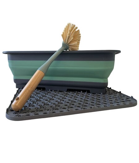 HEM HEM Complete Afwas Set – Opvouwbare Afwasbak/ Dienblad 8L + Bamboe Afwasborstel + Grijze Siliconen Afdruipmat – Keukenafwasset , afwassetCamping