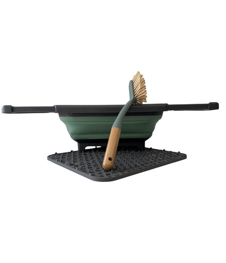 HEM Opvouwbare Afwasteil met Ingebouwde Stop 8L, Bamboe Afwasborstel en Grijze Siliconen Afdruipmat 29,5x26 cm – Complete Set voor Camping en Thuisgebruik