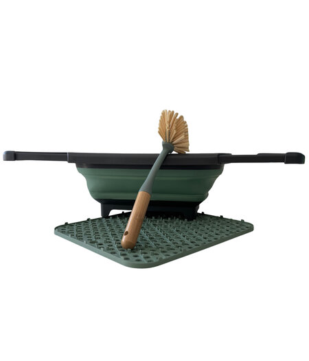 HEM HEM Opvouwbare Afwasteil met Ingebouwde Stop 8L, Bamboe Afwasborstel en Groene Siliconen Afdruipmat 29,5x26 cm – Complete Set voor Camping en Thuisgebruik