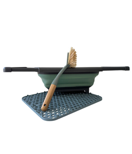 HEM HEM Opvouwbare Afwasteil met Ingebouwde Stop 8L, Bamboe Afwasborstel en Blauwe Siliconen Afdruipmat 29,5x26 cm – Complete Set voor Camping en Thuisgebruik