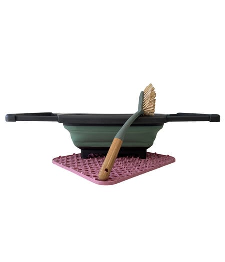 HEM HEM Opvouwbare Afwasteil met Ingebouwde Stop 8L, Bamboe Afwasborstel en Roze Siliconen Afdruipmat 29,5x26 cm – Complete Set voor Camping en Thuisgebruik