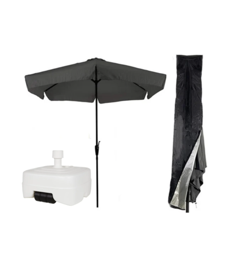 CUHOC CUHOC Parasol 300 cm Grijs - Inclusief Witte Verrijdbare Vulbare Parasolvoet 40-60 kg + Redlabel Parasolhoes