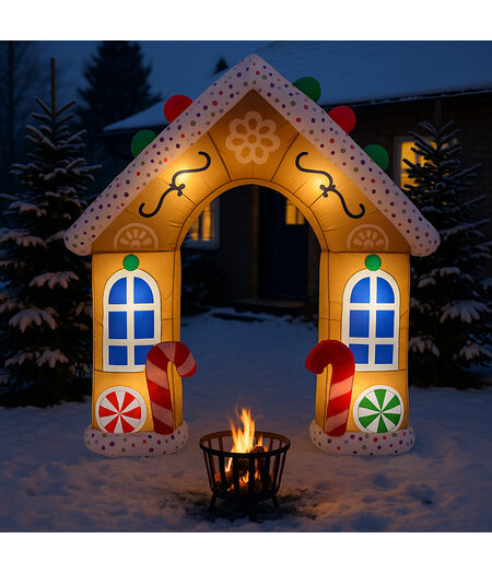 HEM HEM Opblaasbaar Kersthuis – Peperkoekhuis (Gingerbread House) met LED Verlichting  en Blower – 290x70x270 cm – Outdoor Kerstdecoratie met Snoepstokken – met Opbergzak ,haringen en scheerlijnen