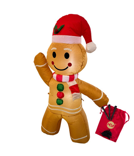 HEM HEM Opblaasbare Peperkoekman / Gingerbread Pop – 123 cm Hoog – Met LED Verlichting – Inclusief Opbergzak, 3 Grondpennen en Scheerlijnen – Kerstdecoratie Binnen & Buiten