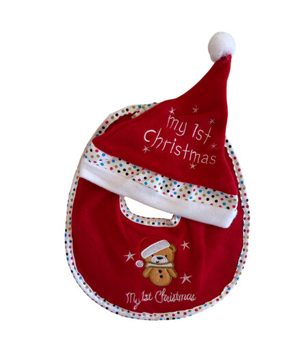 HEM HEM - Baby Kerstset – Slabbetje & Kerstmuts – My 1st Christmas – Teddybeer met Kerstmuts – Rood/Wit