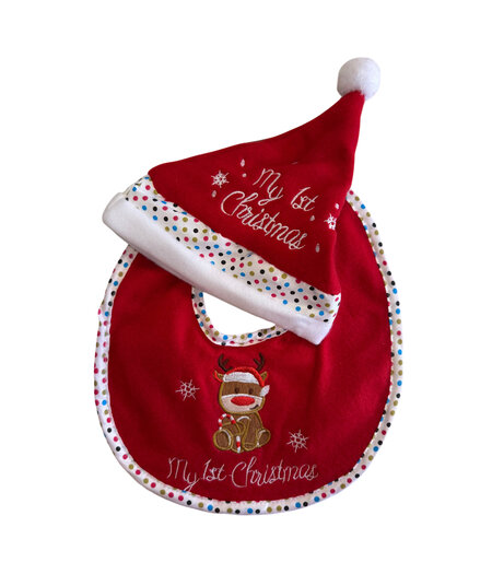 HEM HEM - Baby Kerstset – Slabbetje & Kerstmuts – My 1st Christmas – Rendier met Zuurstok – Rood/Wit