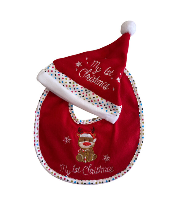 HEM HEM - Baby Set – Slabbetje + Kerstmuts – “My 1st Christmas” – Rendier met Candy Cane – Rood/Wit