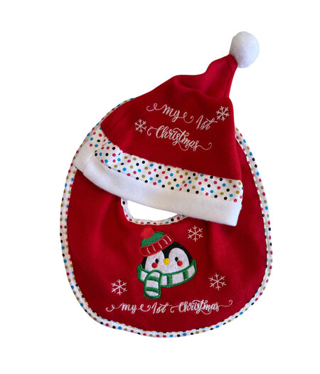 HEM HEM -	Baby Kerstset – Slabbetje & Kerstmuts – My 1st Christmas – Pinguïn met Sjaal – Rood/Wit