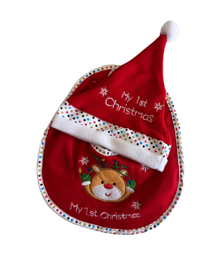 HEM HEM - Baby Kerstset – Slabbetje & Kerstmuts – My 1st Christmas – Rendier Gezicht  met lampjes – Rood/Wit