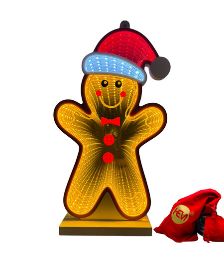 HEM HEM LED Gingerbread Man – 3D Spiegeleffect 28x16 cm – Met Kerstmuts – Twee Zijdig Effect – USB Verlichting – Inclusief Opbergzak – Kerstbureau, Vensterbank & Toonbank Decoratie -  Infinity Gingerbread