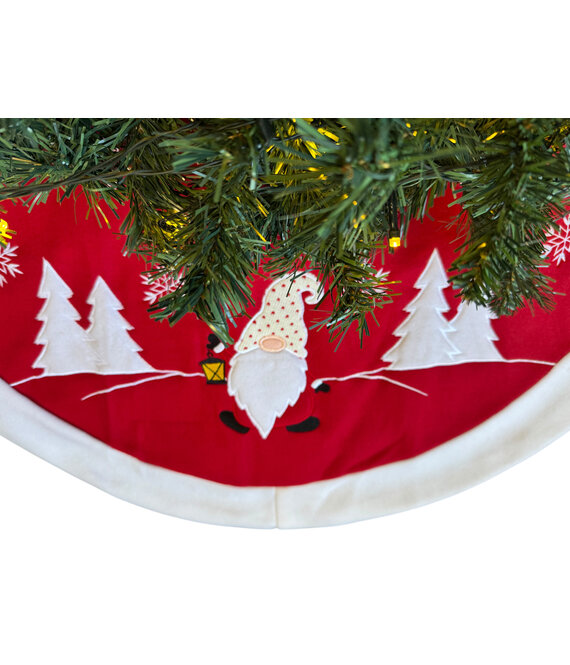 HEM HEM Kerstboomrok Ø90 cm – Rood/Wit – Met Gnoom-opdruk – Fleece Boomkleed – Christmas Tree Skirt