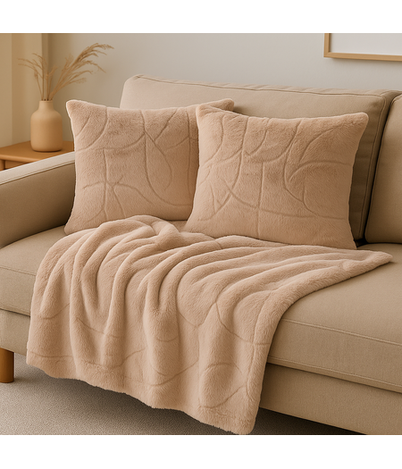 HEM HEM Imitatie Bont Plaid 130x160 cm met 2 Sierkussens – Zacht Polyester – Luxe Kussen en Plaid Set voor Bank of Fauteuil – Woondecoratie - Licht Bruin