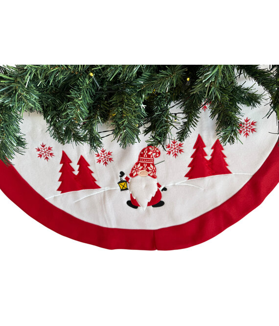 HEM HEM Kerstboom Rok – Ø 90 cm – Wit/Rood – Met Gnoom Opdruk – Christmas Tree Skirt – Fleece Boomkleed – Kerstdecoratie Rondom Kerstboom