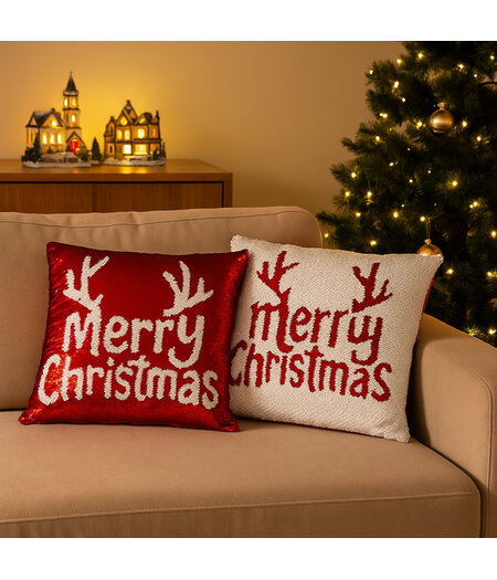HEM HEM Kerstkussens Set van 2 – Inclusief Vulling – 40x40 cm – Pailletten Rood/Wit – Omkeerbaar – Fluwelen Achterkant Rood – Kerstkussens Bank of Bed