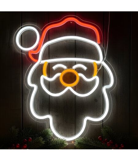 HEM HEM LED Neon Kerstman met witte rand op muts – Kerstverlichting Wandlamp – Oranje/Rood/Wit – Binnen – Neon Light Decoratie – Inclusief Opbergzak