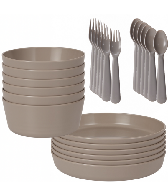 HEM HEM 24-delig Serviesset 6 Persoons – Grijs Kunststof – Picknickset – BPA-vrij & Vaatwasserbestendig – 6x Bord, 6x Kom, 6x Vork, 6x Lepel – Lichtgewicht Plastic Servies – Met HEM Opbergzak