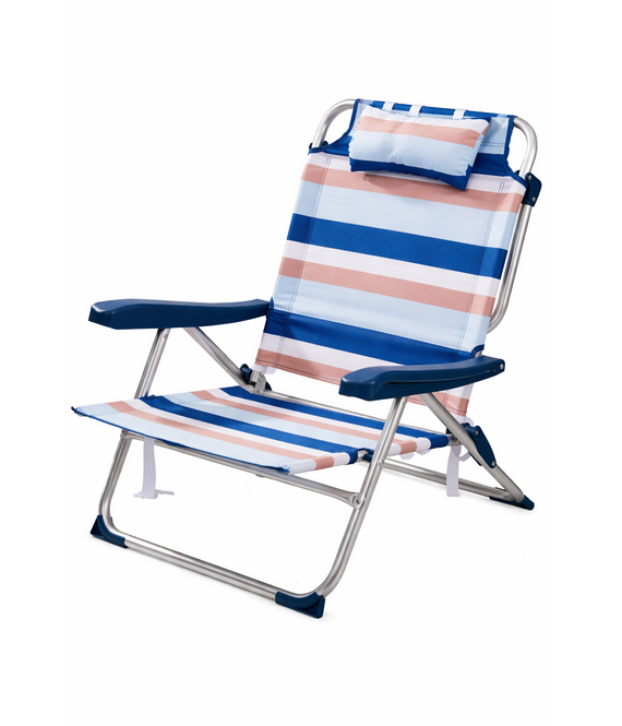HEM HEM Opvouwbare Campingstoel Voor Volwassenen – Lichtgewicht Aluminium Strandstoel – Verstelbaar Met Hoofdkussen – Lage Strandstoel Volwassenen – 110 Kg – Blauw Gestreept
