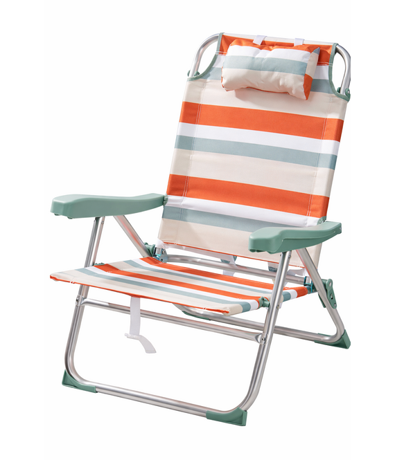 HEM HEM Opvouwbare Campingstoel Voor Volwassenen – Lichtgewicht Aluminium Strandstoel – Verstelbaar Met Hoofdkussen – Lage Strandstoel Volwassenen – 110 Kg – Oranje Gestreept