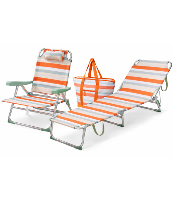 HEM HEM Strandset 3-Delig – Opvouwbare Strandstoel + Strandligbed + 24L Koeltas – Aluminium & Lichtgewicht – Verstelbaar – Oranje Gestreept