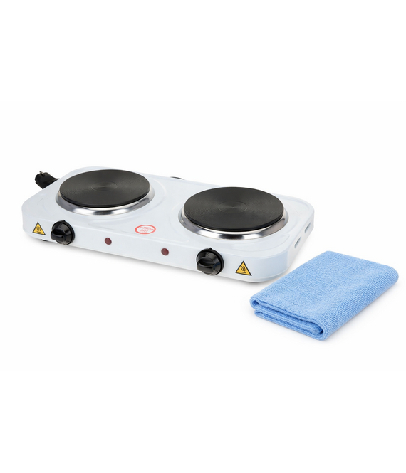 HEM Elektrische Camping Kookplaat Dubbel 2x1000W – 2 Pits Vrijstaand Wit – Met Thermostaat – Voor Camper & Caravan – Inclusief HEM Microvezel Schoonmaakdoek