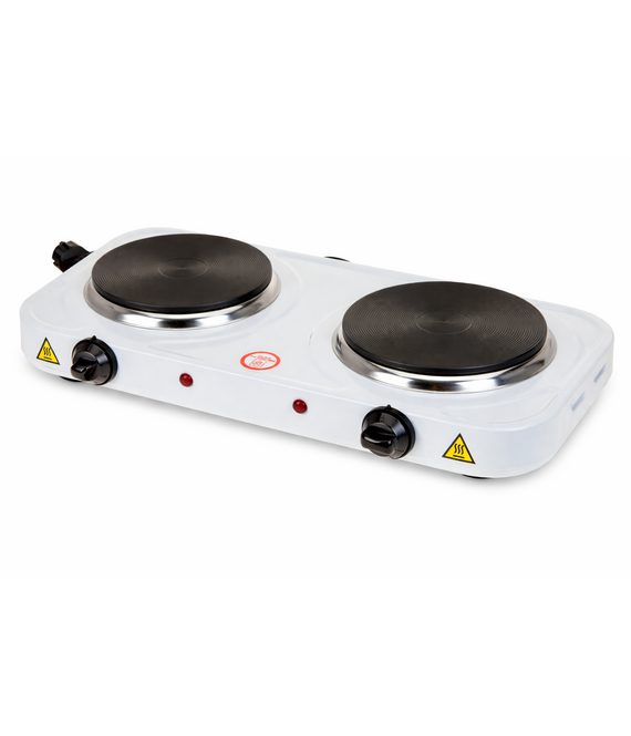 HEM HEM Elektrische Camping Kookplaat Dubbel 2x1000W – 2 Pits Vrijstaand Wit – Met Thermostaat – Voor Camper & Caravan – Inclusief HEM Microvezel Schoonmaakdoekje
