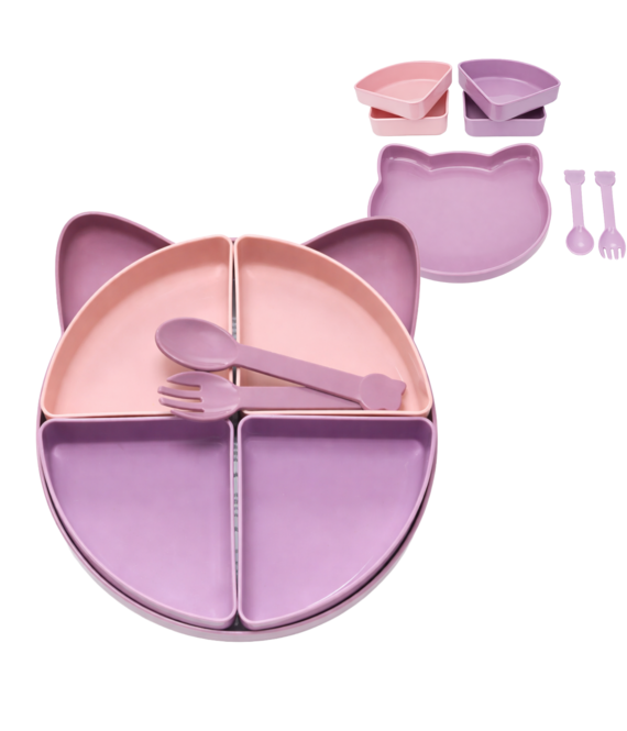 HEM HEM Kinder Serviesset Kat Roze – 7-delig – Bord met Vakken – Bestekset – BPA-vrij PP – 21x20x5 cm - Met HEM opbergzakje