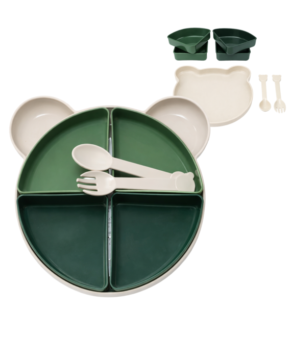 HEM HEM Kinder Serviesset Beer Groen – 7-delig – Bord met Vakken – Bestekset – BPA-vrij PP – 21x20x5 cm