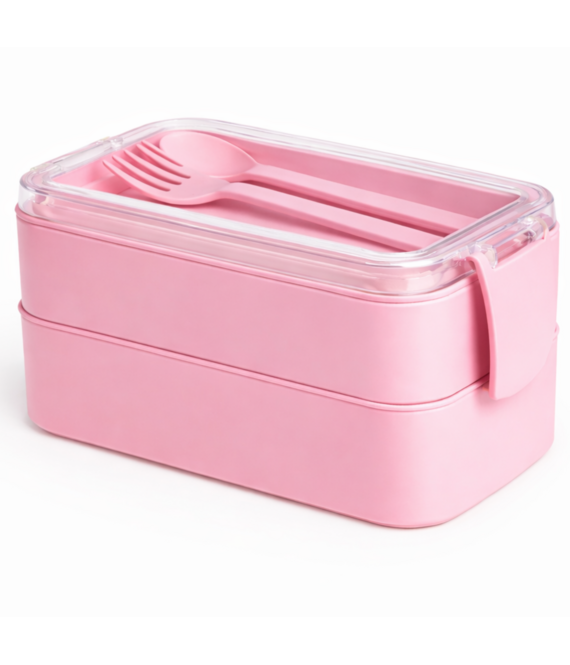 HEM HEM Lunchbox met Bestek – Roze – 2 Laags Bento Box – 19 x 10 x 9 cm – Inclusief Lepel en Vork – Lekvrij – BPA Vrij