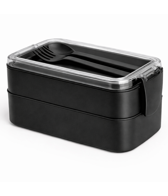 HEM HEM Lunchbox met Bestek – Zwart – 2 Laags Bento Box – 19 x 10 x 9 cm – Inclusief Lepel en Vork – Lekvrij – BPA Vrij