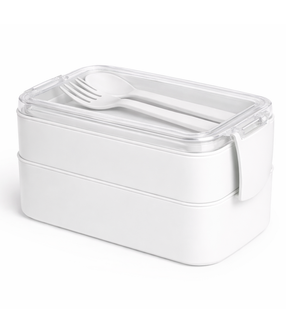 HEM HEM Lunchbox met Bestek – Wit – 2 Laags Bento Box – 19 x 10 x 9 cm – Inclusief Lepel en Vork – Lekvrij – BPA Vrij