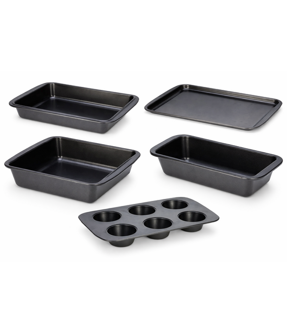 HEM HEM 5-delige Bakvormset Staal met Antiaanbaklaag – Cakevorm, Muffinbakplaat, Ovenschaal, Braadslede & Bakplaat – Grijs