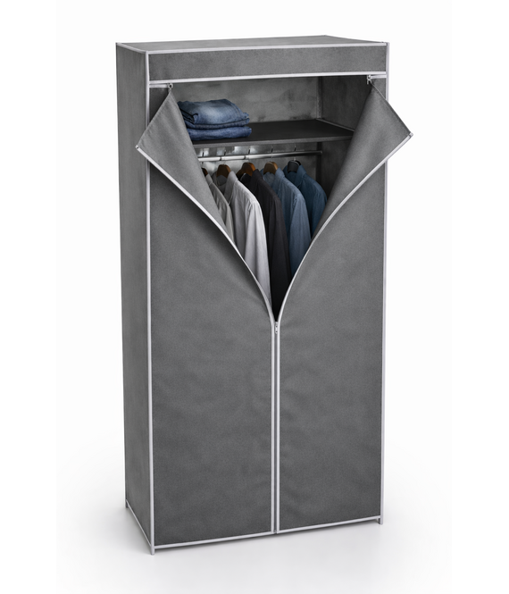 HEM HEM Stoffen camping kledingkast 75x45x160 cm - Opvouwbare garderobekast met hanggedeelte en legplank - Textiel kast grijs met rits - Metalen frame - Opbergkast slaapkamer studentenkamer
