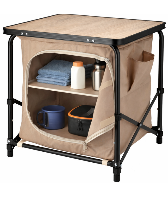 HEM HEM Camping opbergkast met tafel – Inklapbare campingkast met opbergvakken – Aluminium frame – Lichtgewicht camping organizer voor tent, caravan en camper