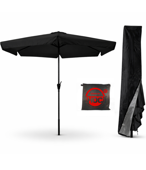 CUHOC CUHOC - Zwarte Parasol met hoes - 3m - stokparasol - Parasol Zwart met Volanten Opdraaier en Redlabel hoes