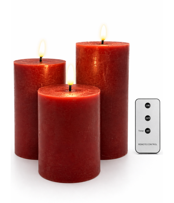 HEM HEM LED Kaarsen Set 3 Stuks - Rode Stompkaarsen - Met Afstandsbediening & Timer - Realistisch Kaarsvet Effect - 12 cm Diameter