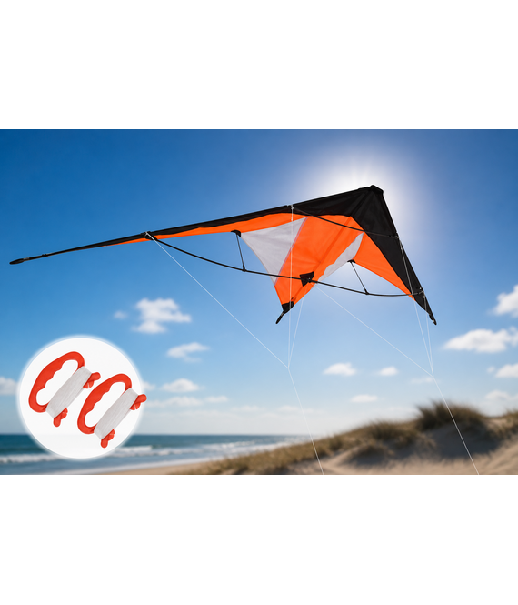 HEM HEM Stuntvlieger Oranje 120x50 cm – Dual Line Sportvlieger – Inclusief 30 Meter Lijnen en Handgrepen – 190T Polyester – Glasvezel Frame – Beginners en Gevorderden – Strand en Park