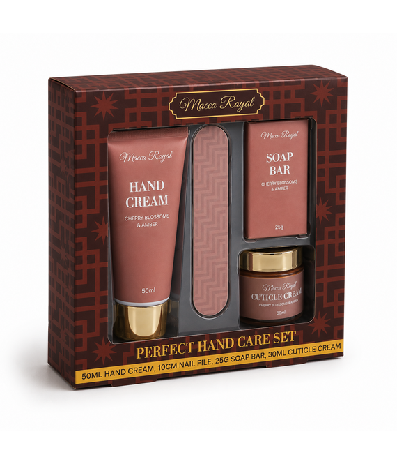 HEM HEM Luxe Handverzorgingsset - Handcrème Zeep Nagelriemcrème Nagelvijl - Wellness Verzorgingsset - Cherry Blossoms & Amber - Bordeaux rood