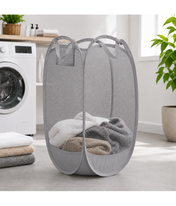 HEM HEM Inklapbare Wasmand 64L – Opvouwbare Waszak – Mesh Laundry Bag met Pop-up Frame – Grijs
