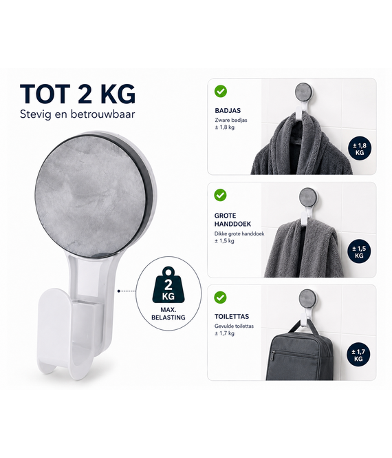 HEM HEM Zuignaphaak 65 mm Wit/Grijs Superstrong – Ophanghaak – Zonder Boren – Tot wel 2 kg – Badkamerhaak – Tegelhaak